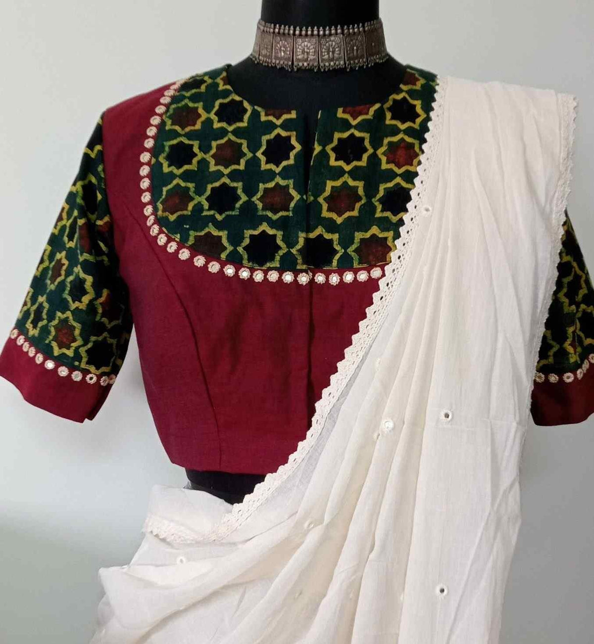 Marron Green Mughal Print Ajrakh Mirrorwork Readymade Blouse