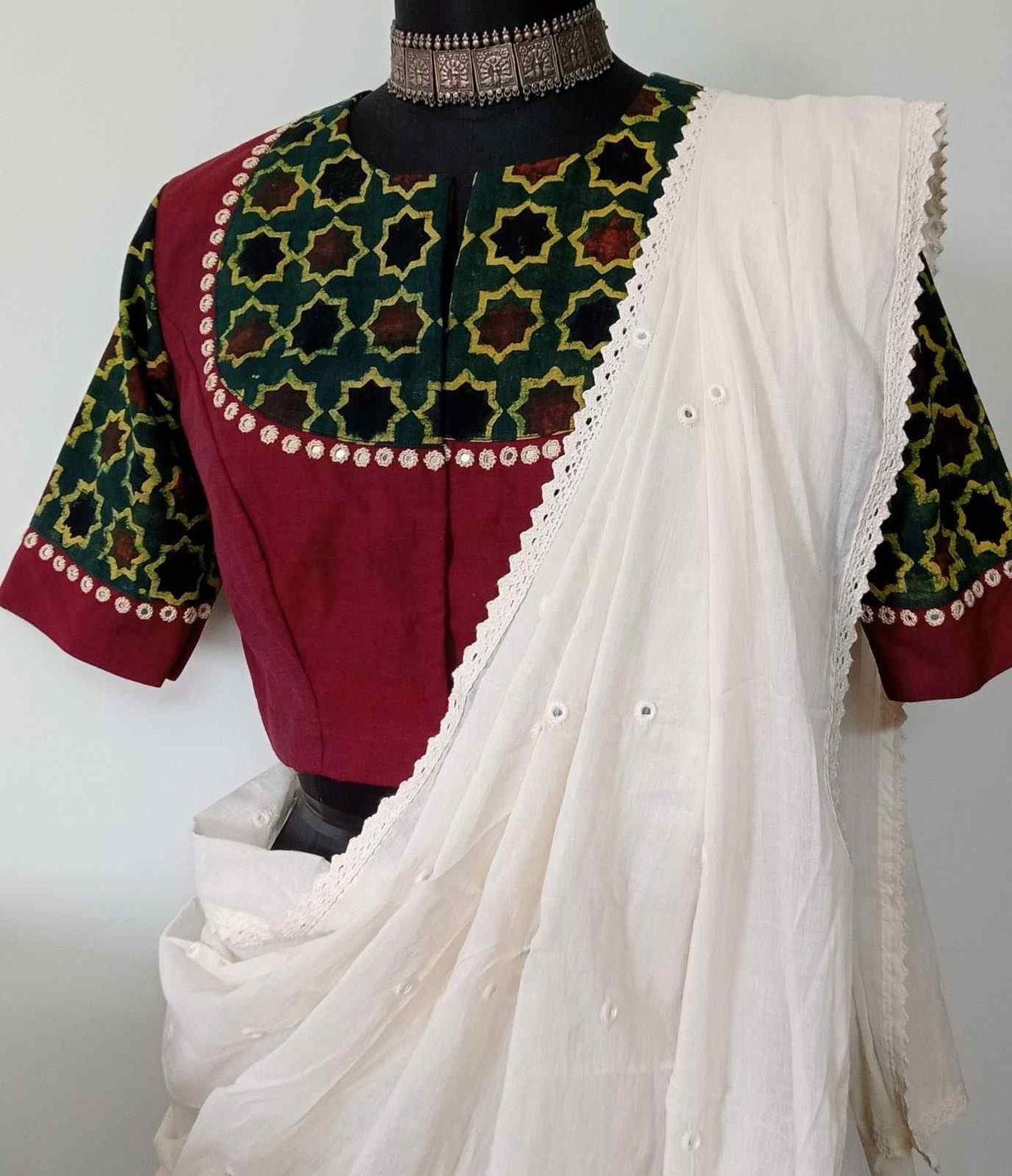 Marron Green Mughal Print Ajrakh Mirrorwork Readymade Blouse