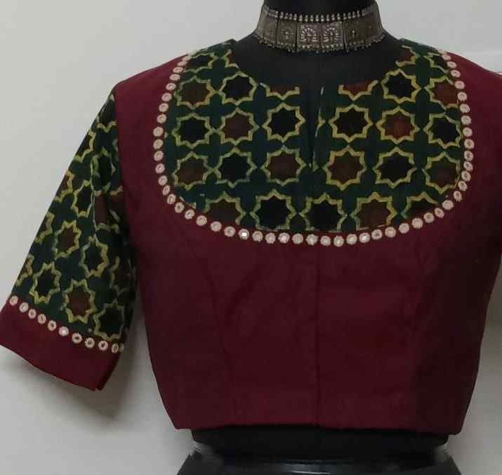 Marron Green Mughal Print Ajrakh Mirrorwork Readymade Blouse