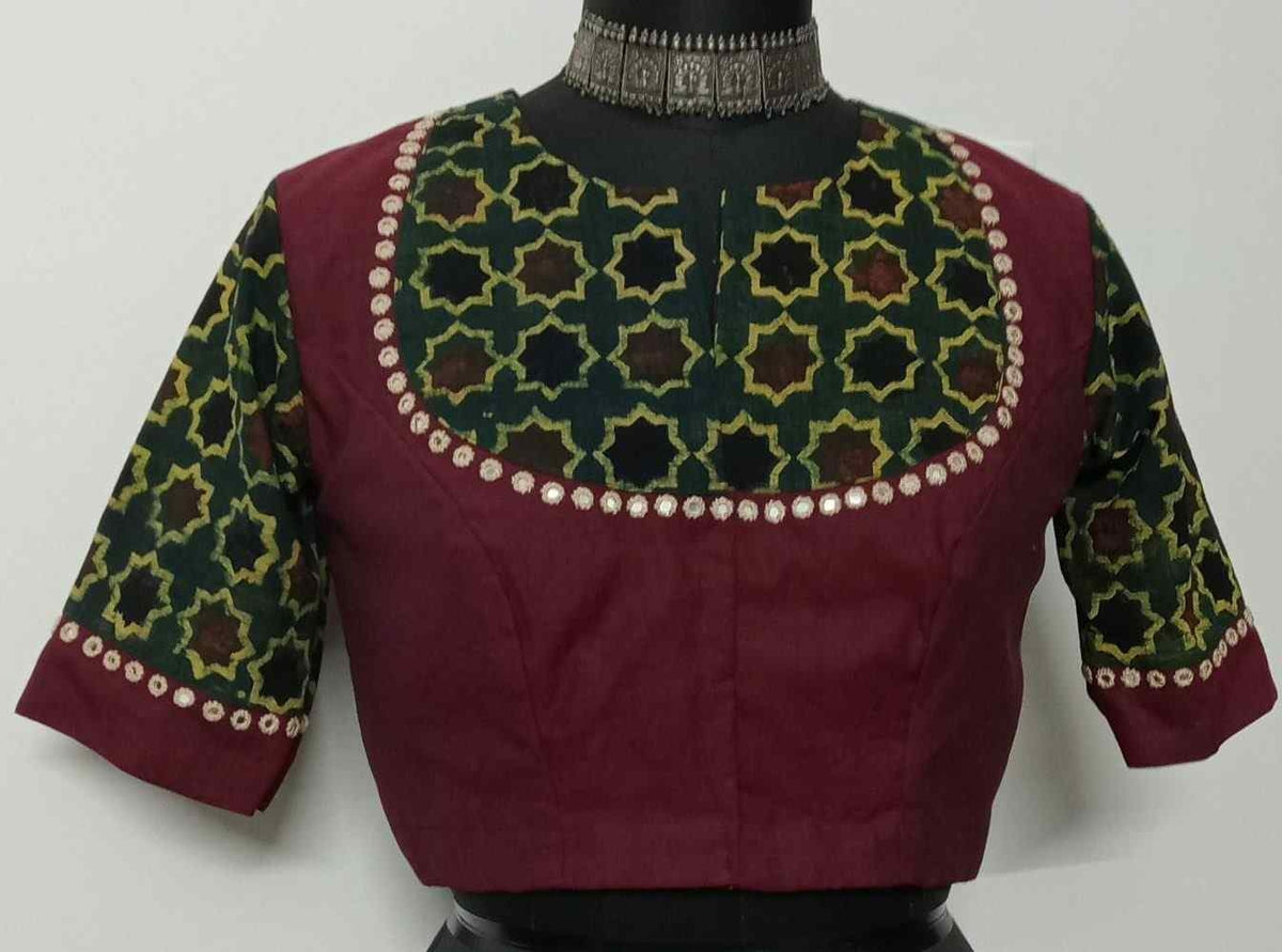 Marron Green Mughal Print Ajrakh Mirrorwork Readymade Blouse