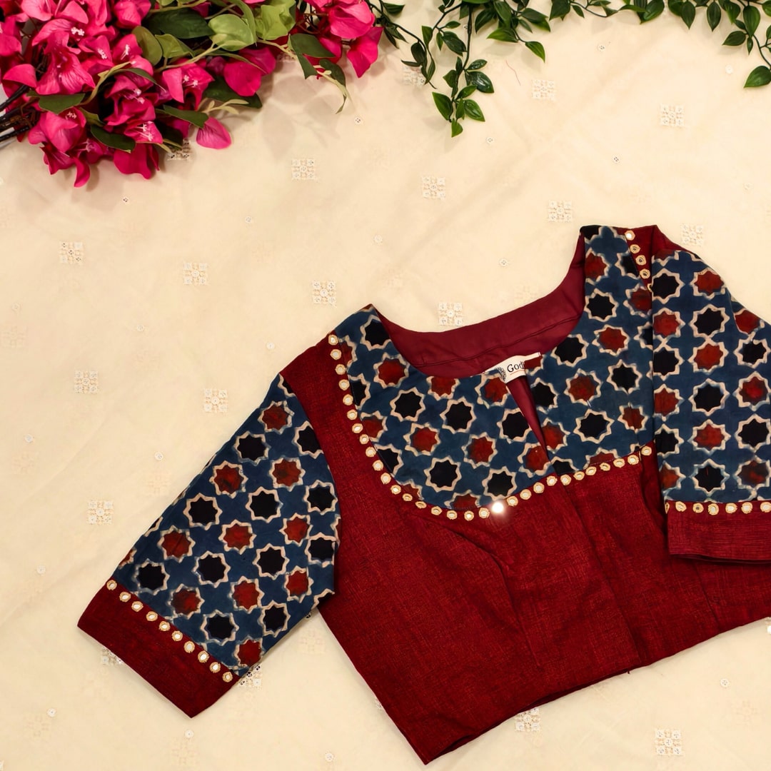 Marron Indigo Mughal Print Ajrakh Mirrorwork Readymade Blouse