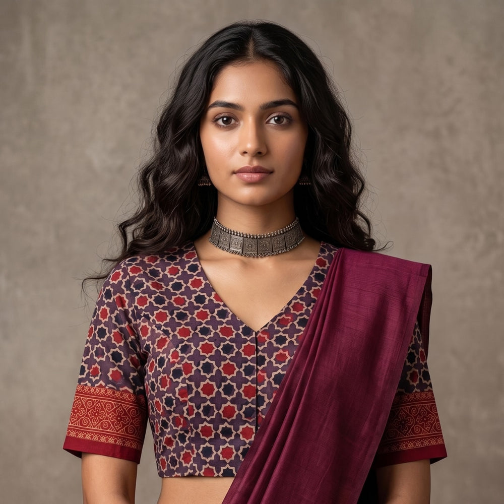 Mauve Maroon Mughal Print Ajrakh Readymade Blouse | Godhuli