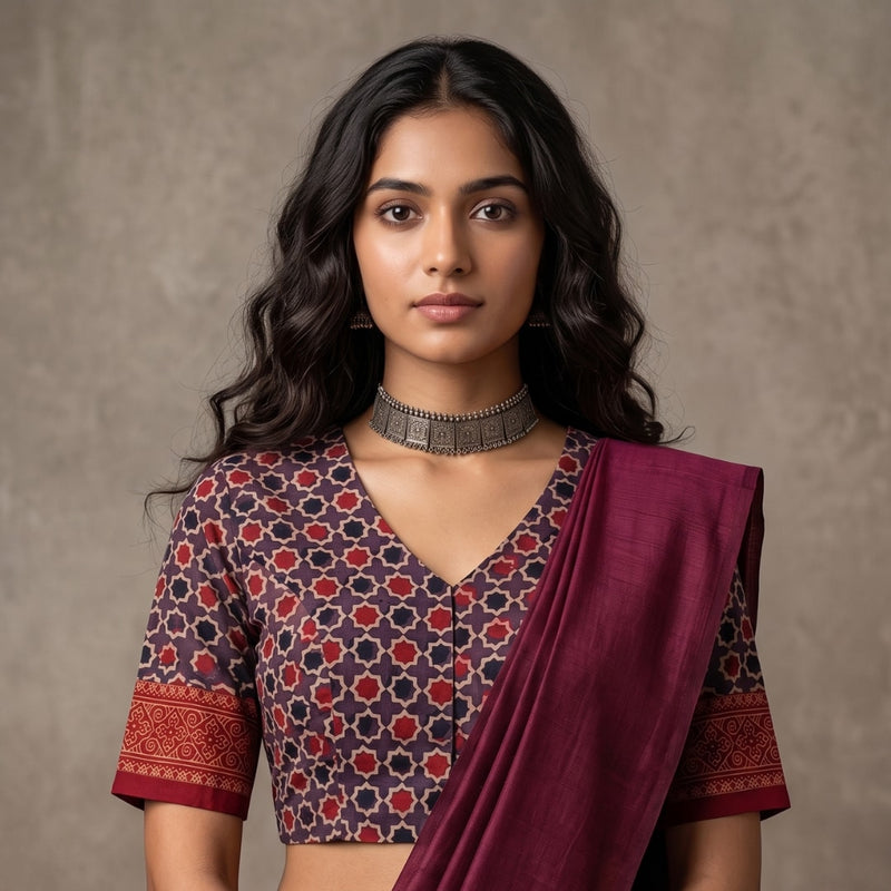 Mauve Maroon Mughal Print Ajrakh Readymade Blouse | Godhuli