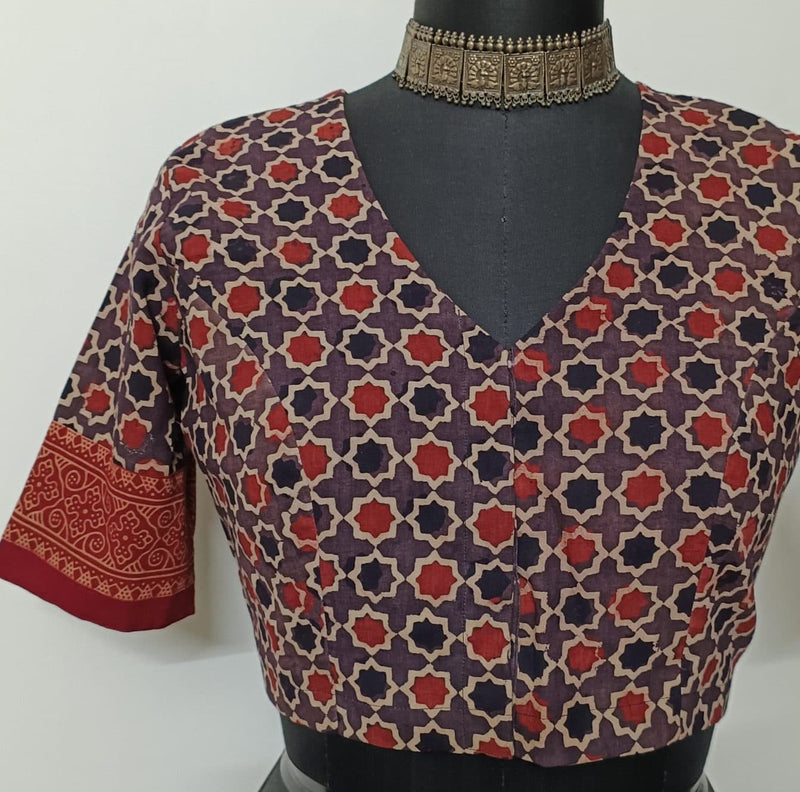 Mauve Maroon Mughal Print Ajrakh Readymade Blouse | Godhuli