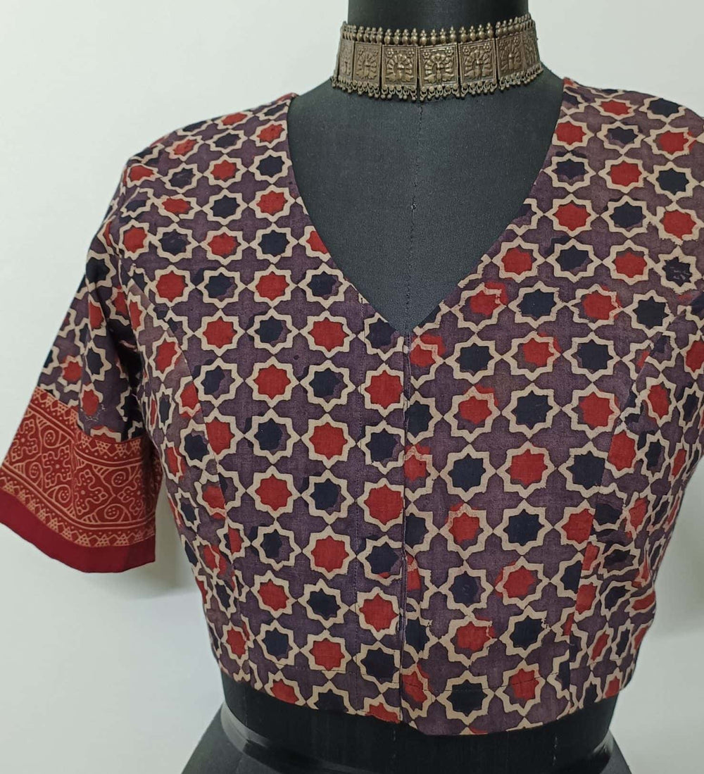 Mauve Maroon Mughal Print Ajrakh Readymade Blouse | Godhuli