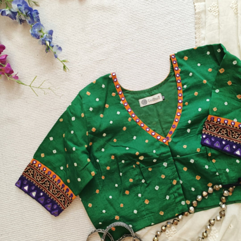 Moss Green Bandhani Readymade Blouse | Godhuli
