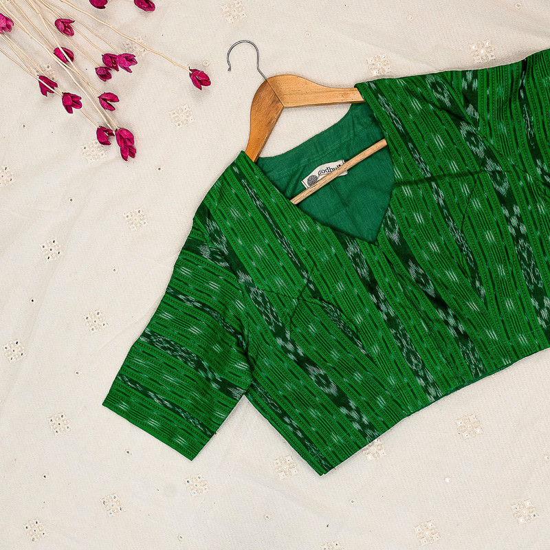 Moss Green Mercerised Ikat Readymade Blouse | Godhuli