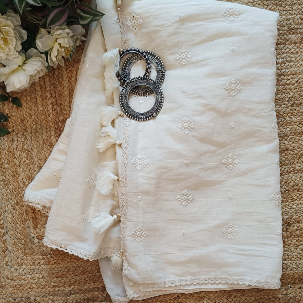 Ivory Embroidered Faux Mirror work Saree | Godhuli