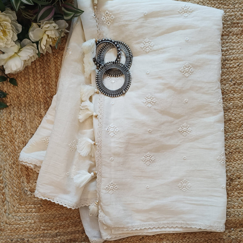 Ivory Embroidered Faux Mirror work Saree | Godhuli