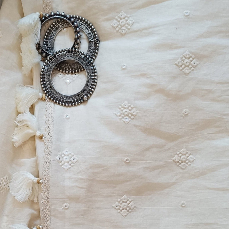 Ivory Embroidered Faux Mirror work Saree | Godhuli