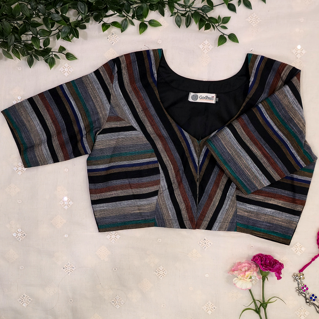 Multicolored Black Slub Blouse with Stripes