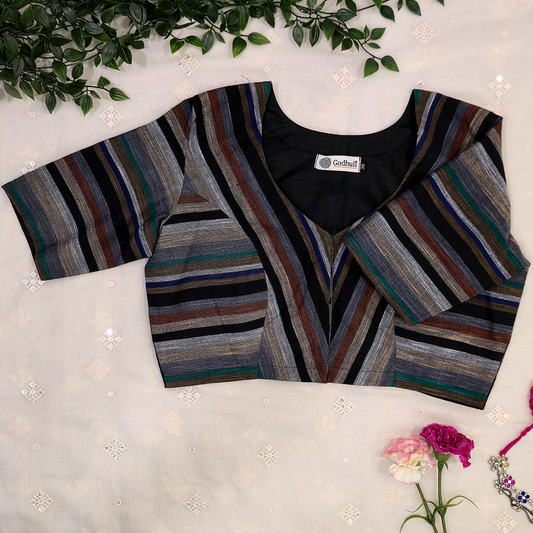 Multicolored Black Slub Blouse with Stripes