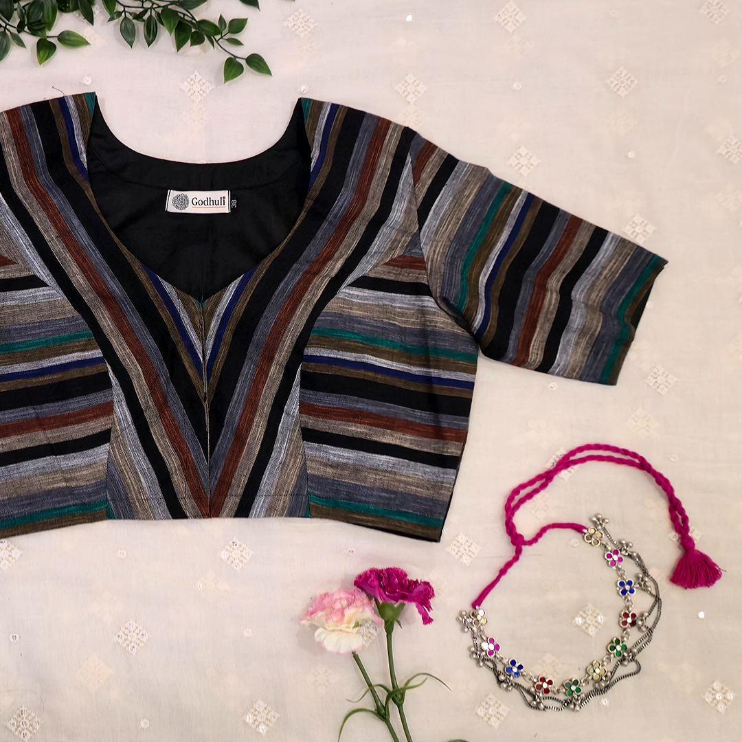 Multicolored Black Slub Blouse with Stripes
