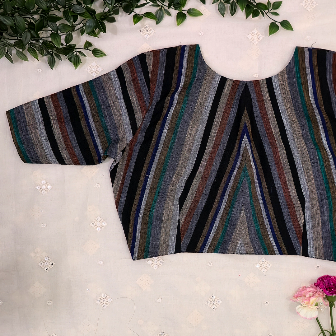 Multicolored Black Slub Blouse with Stripes
