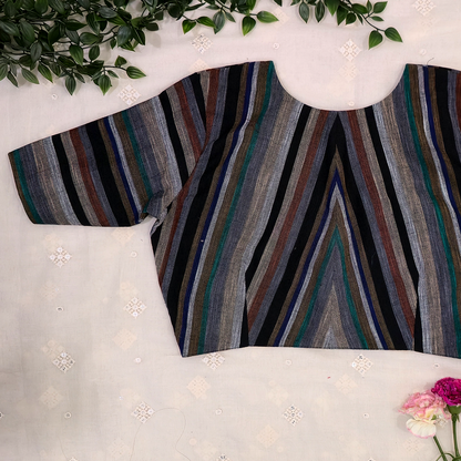 Multicolored Black Slub Blouse with Stripes
