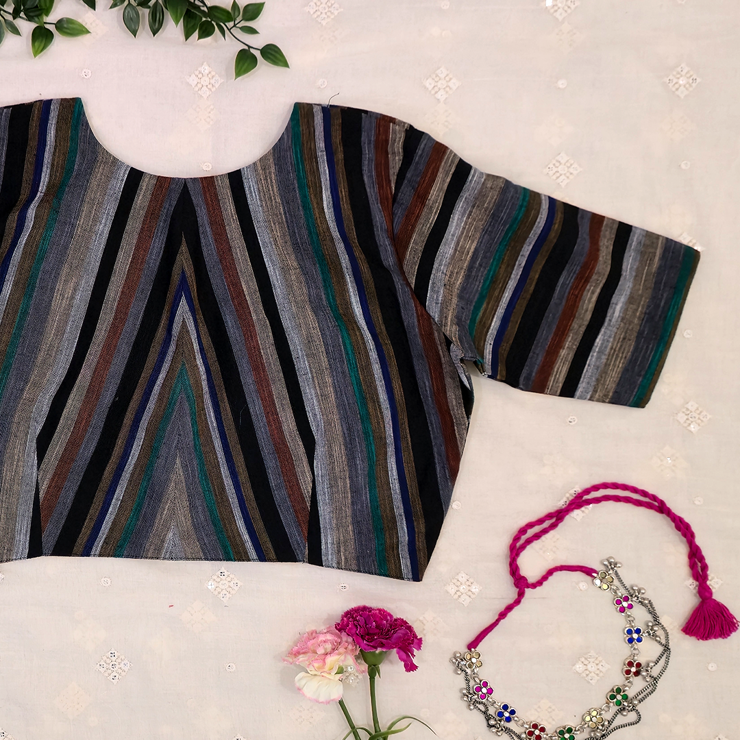 Multicolored Black Slub Blouse with Stripes