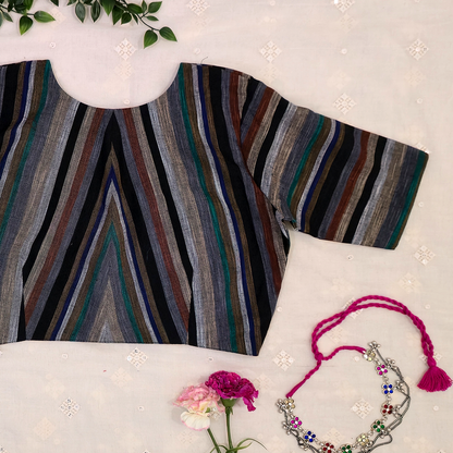 Multicolored Black Slub Blouse with Stripes