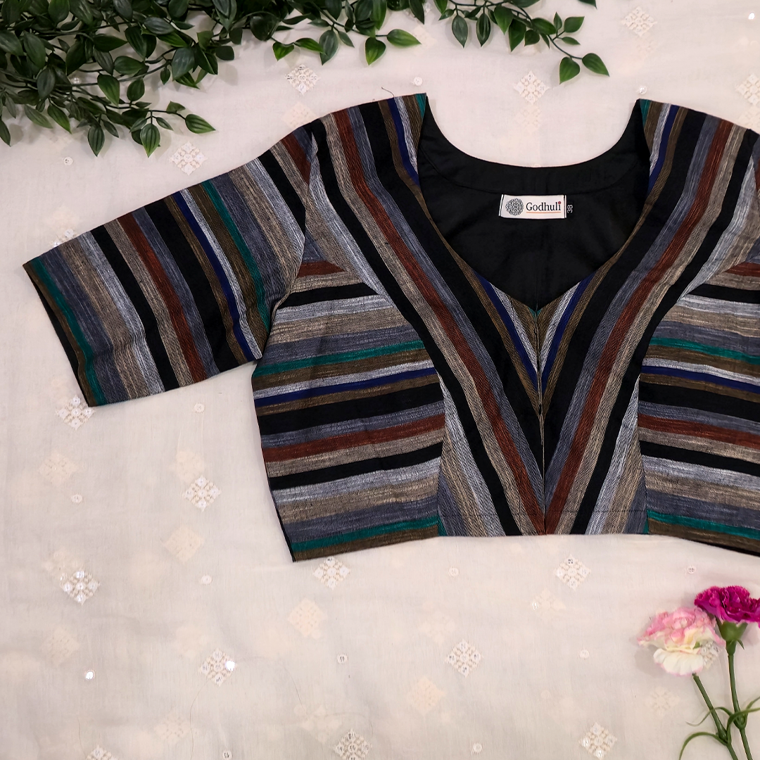 Multicolored Black Slub Blouse with Stripes