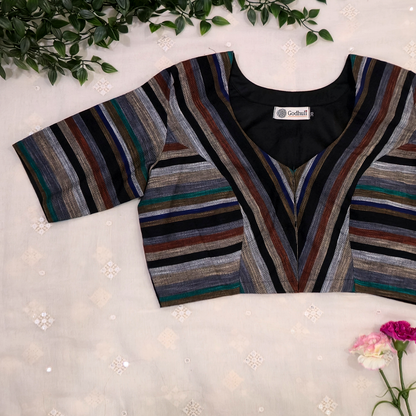 Multicolored Black Slub Blouse with Stripes