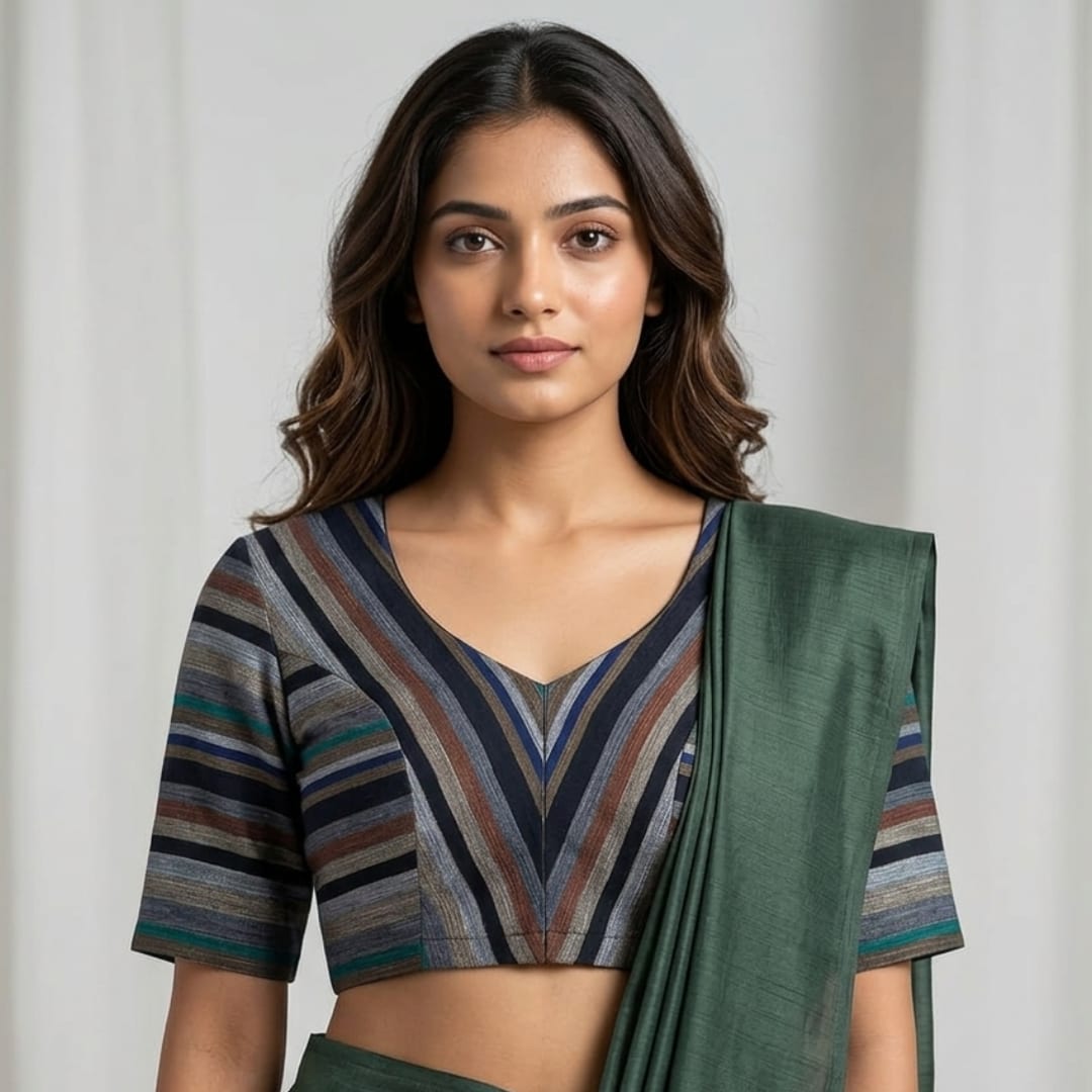Multicolored Black slub Readymade Blouse with Stripes