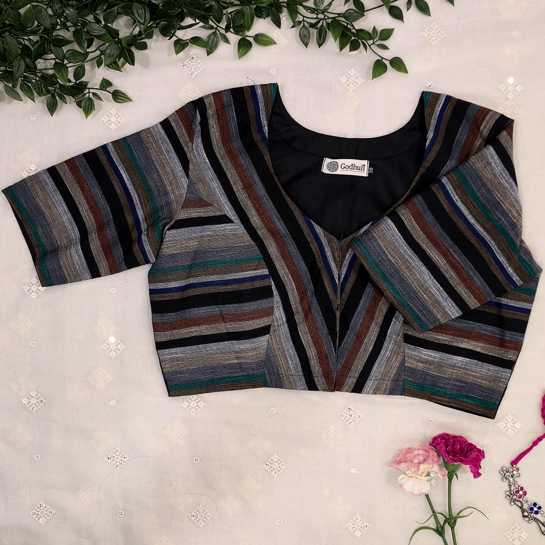 Multicolored Black slub Readymade Blouse with Stripes