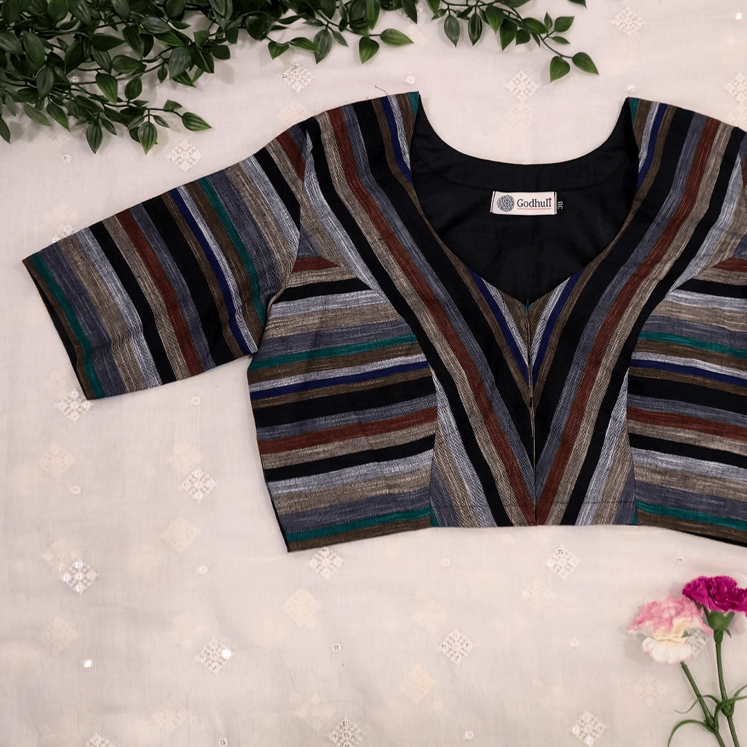 Multicolored Black slub Readymade Blouse with Stripes