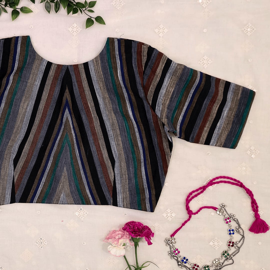 Multicolored Black slub Readymade Blouse with Stripes