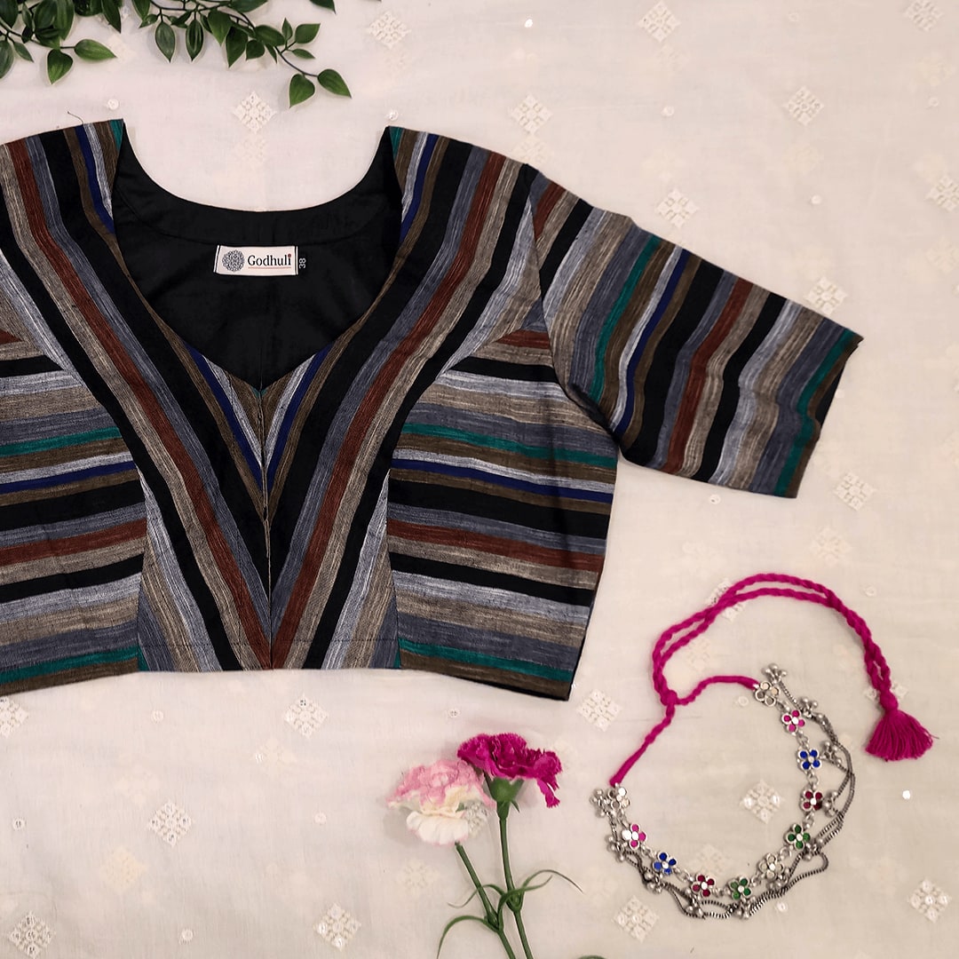 Multicolored Black slub Readymade Blouse with Stripes