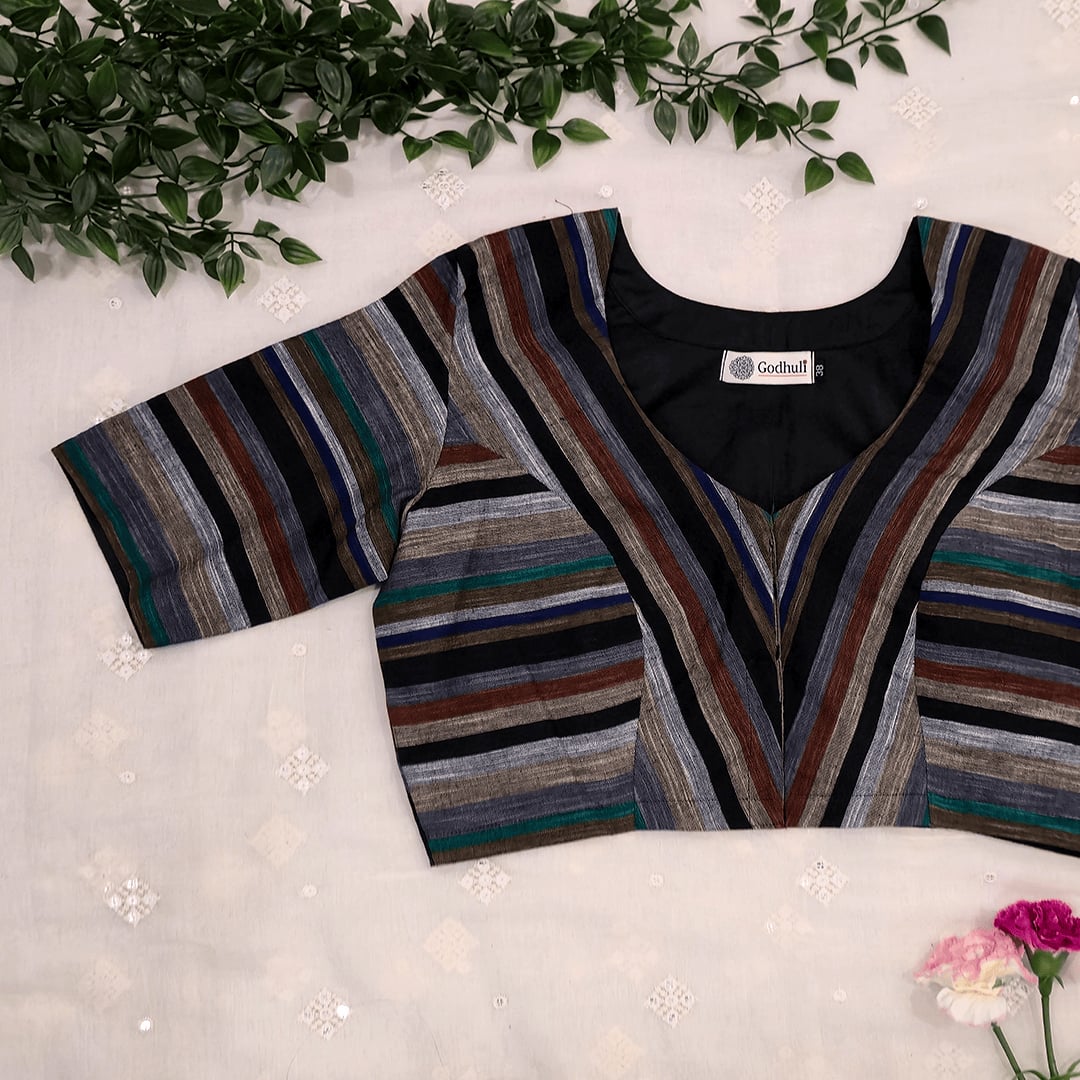 Multicolored Black slub Readymade Blouse with Stripes