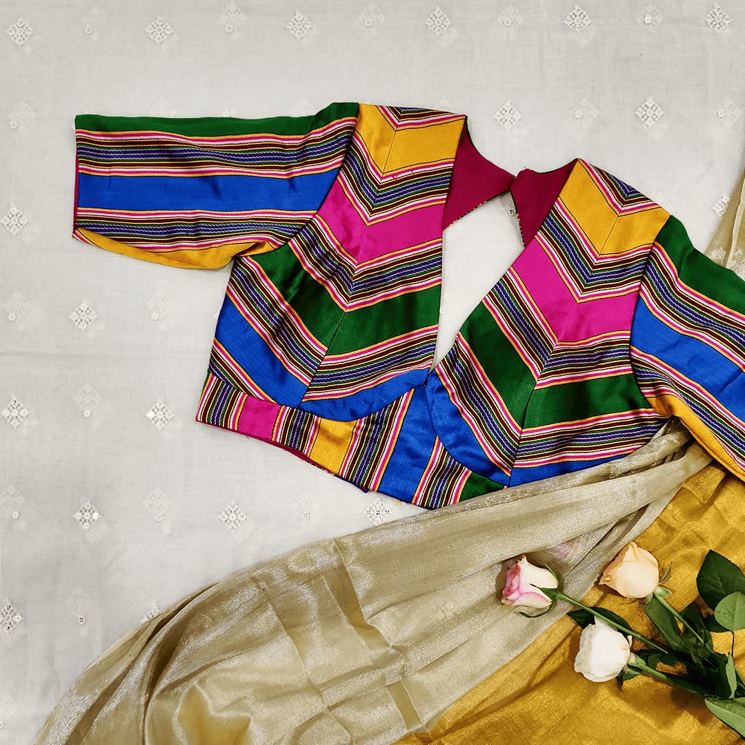 Multicolored Gaji Stripes Readymade Blouse With Empire line Pattern