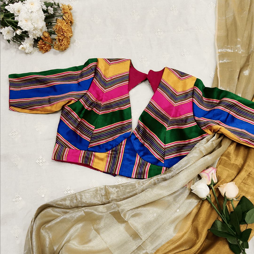 Multicolored Gaji Stripes Readymade Blouse With Empire line Pattern