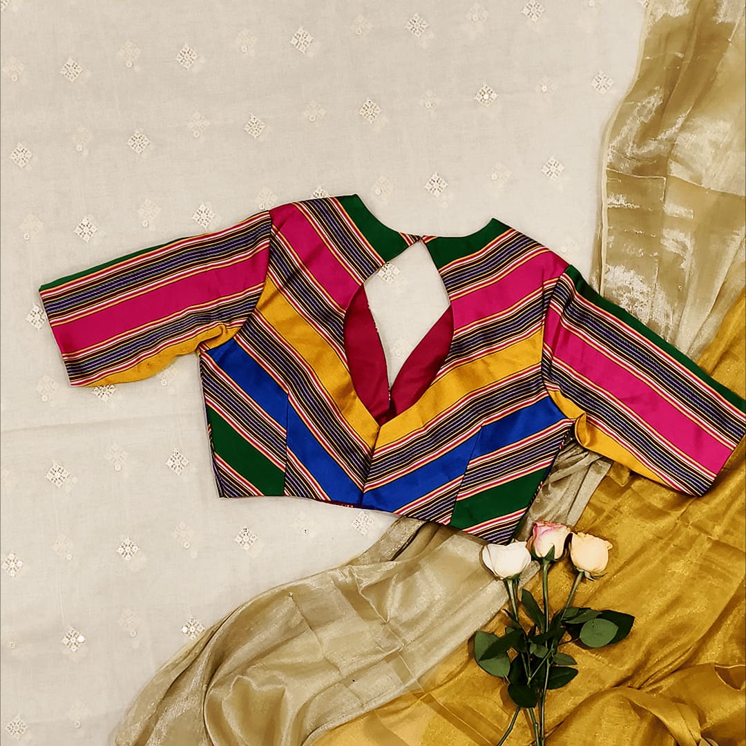 Multicolored Gaji Stripes Readymade Blouse With Empire line Pattern