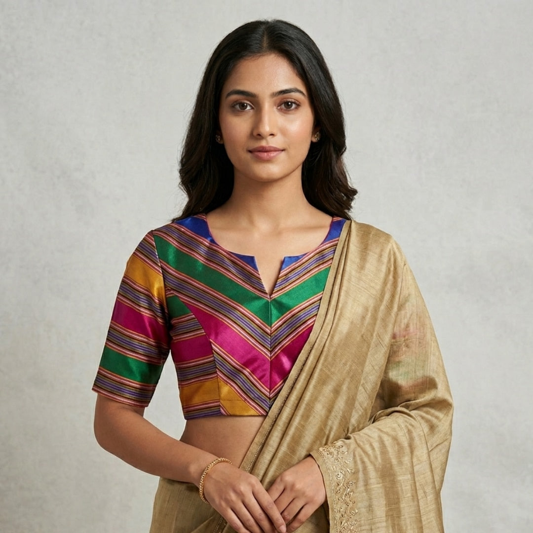 Multicoloured Gaji Silk Stripes Readymade Blouse