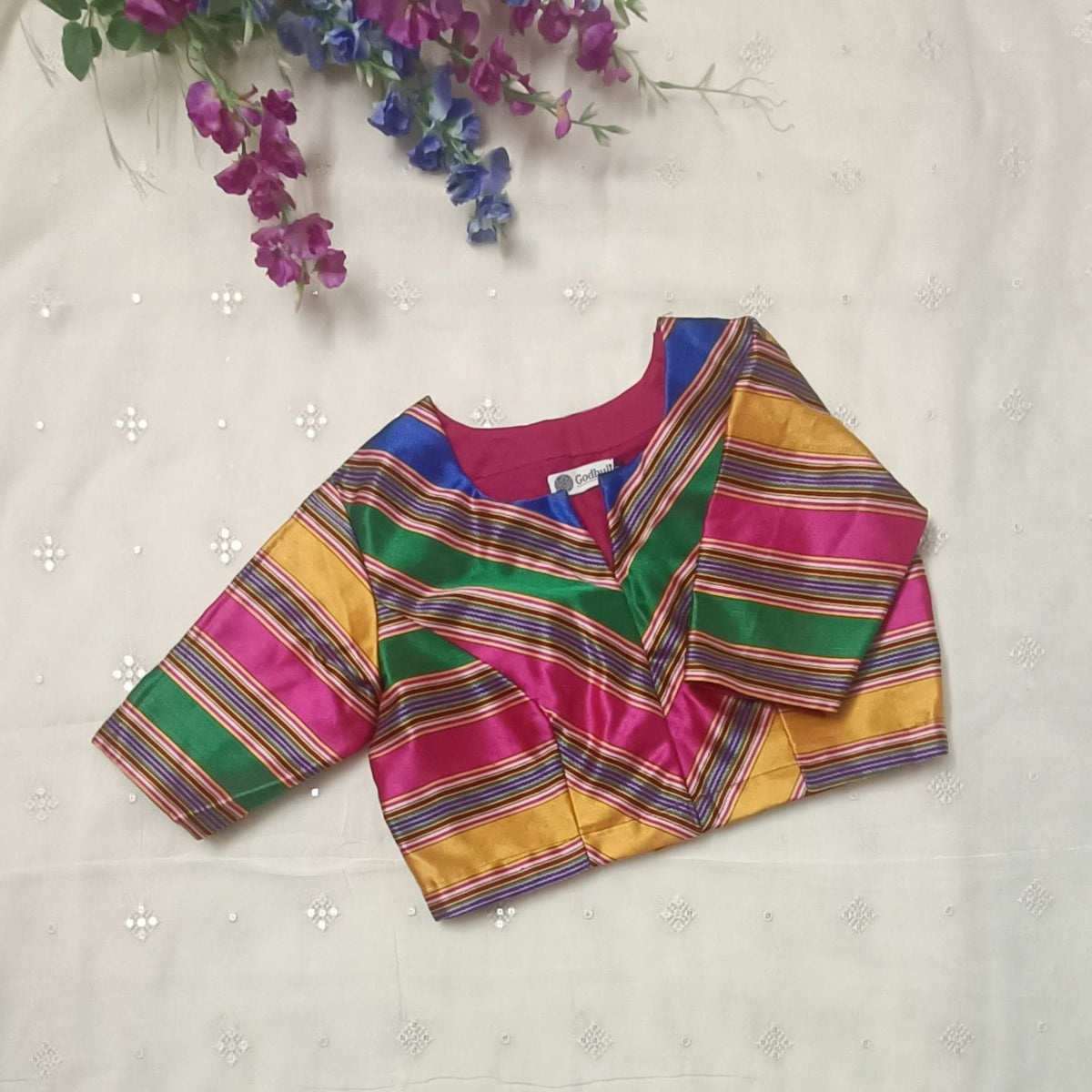 Multicoloured Gaji Silk Stripes Readymade Blouse