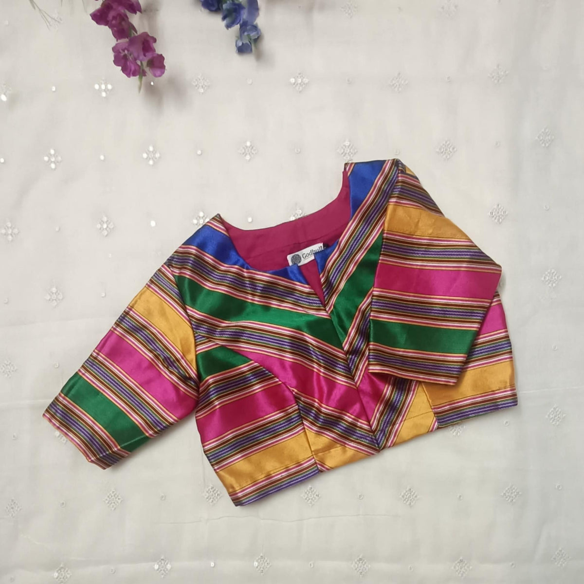 Multicoloured Gaji Silk Stripes Readymade Blouse
