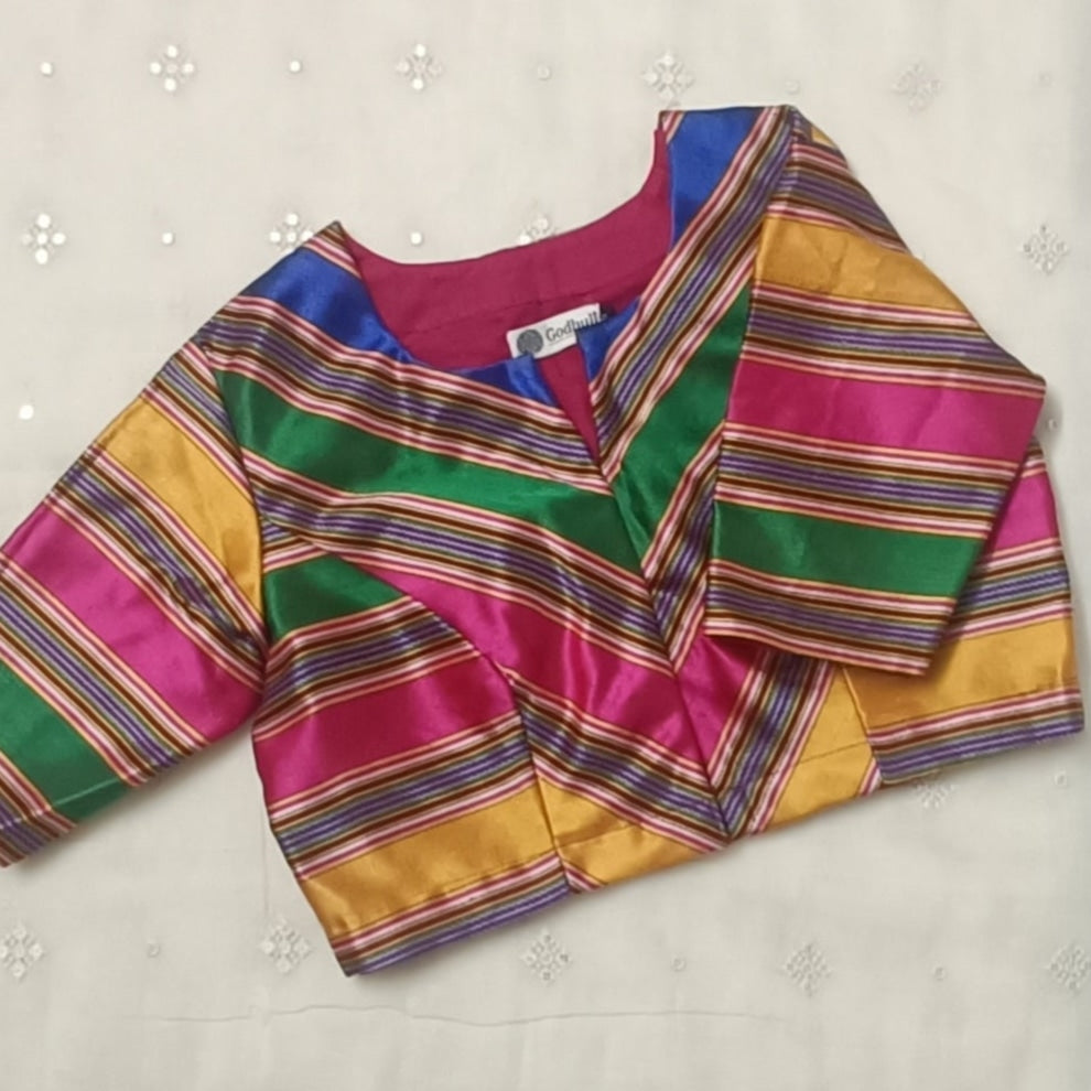 Multicoloured Gaji Silk Stripes Readymade Blouse