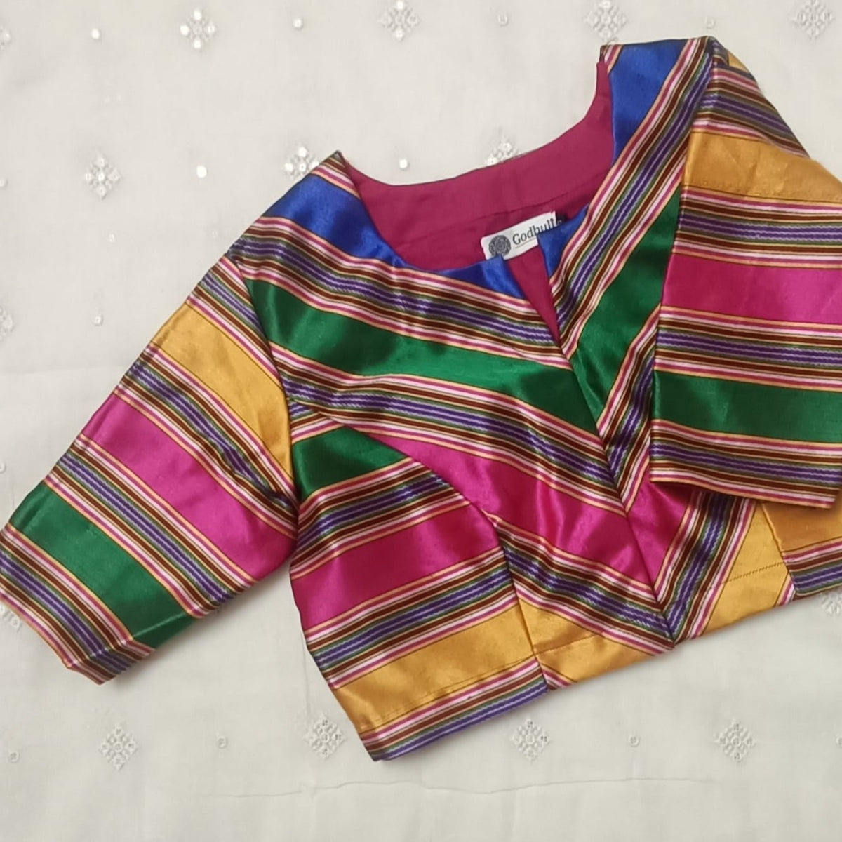 Multicoloured Gaji Silk Stripes Readymade Blouse