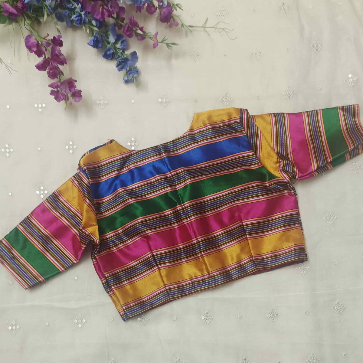Multicoloured Gaji Silk Stripes Readymade Blouse