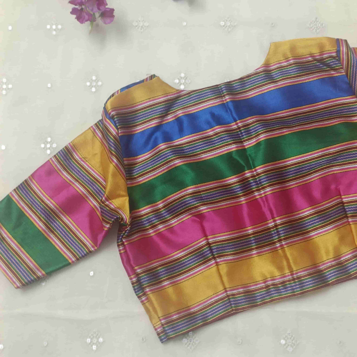 Multicoloured Gaji Silk Stripes Readymade Blouse
