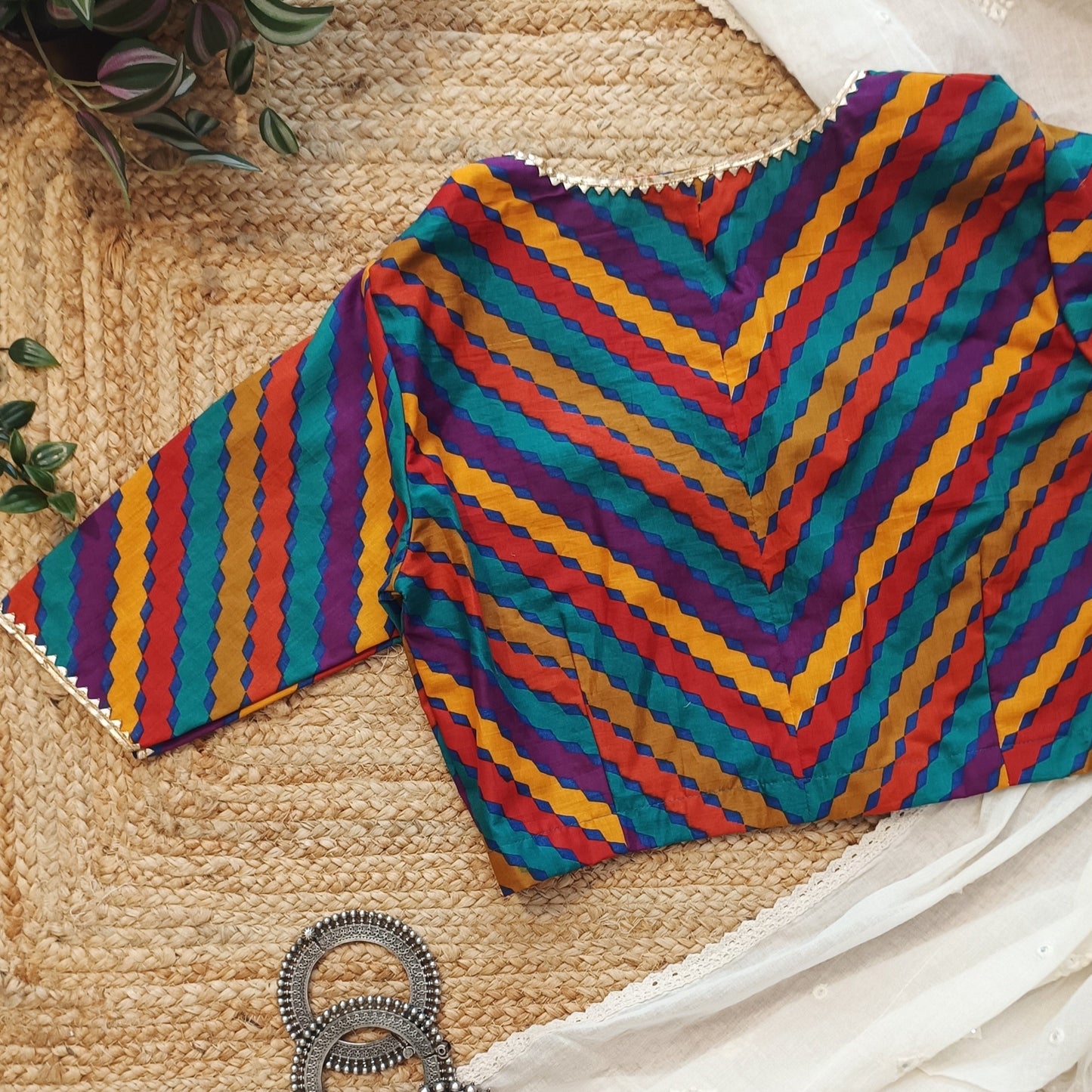 Multicoloured Leheriya Stripes Magenta blouse