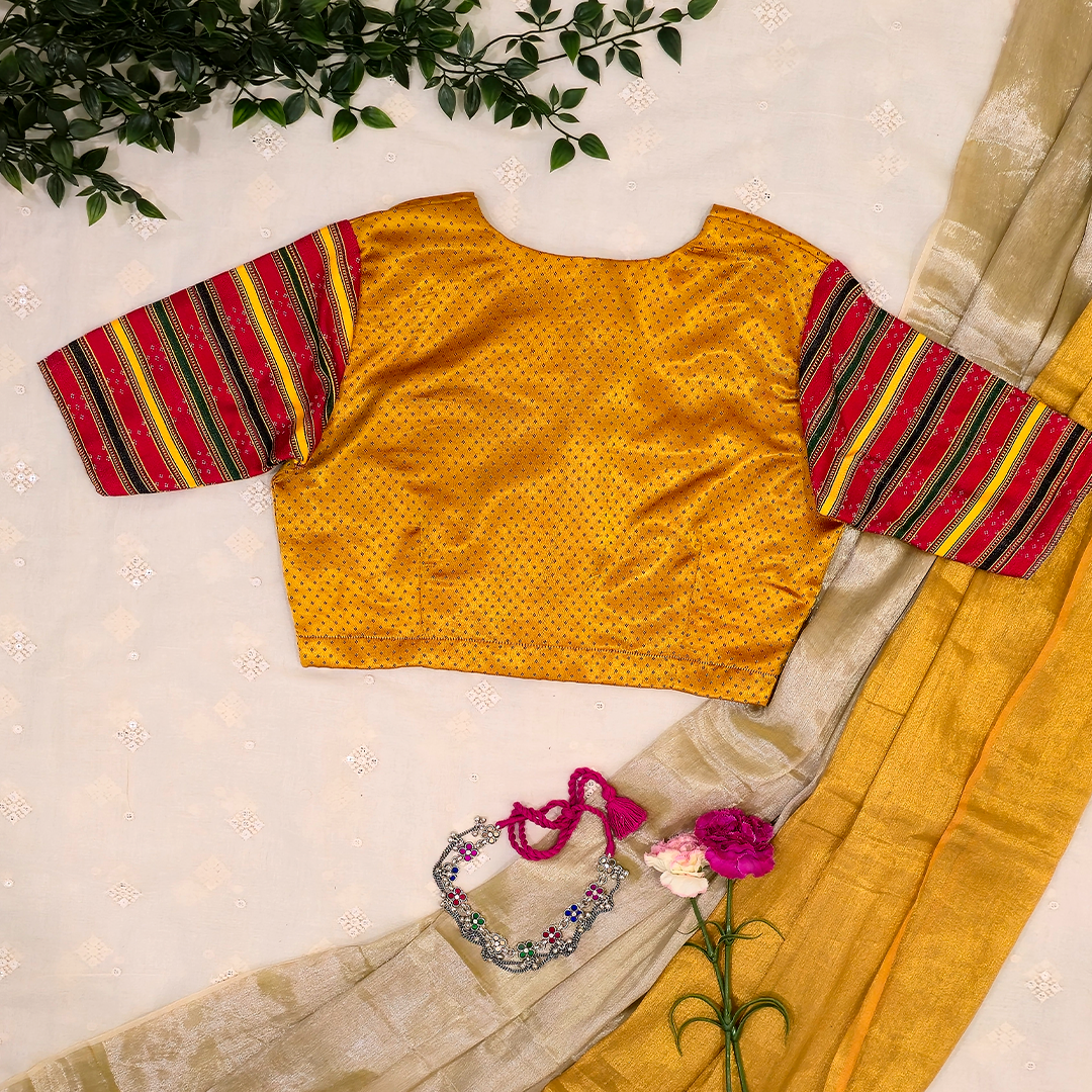 Mustard Dani Gaji Blouse with Red Multicolored Sleeves