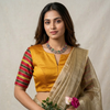 Mustard Dani Gaji Readymade Blouse with Red Multicolored Sleeves | Godhuli
