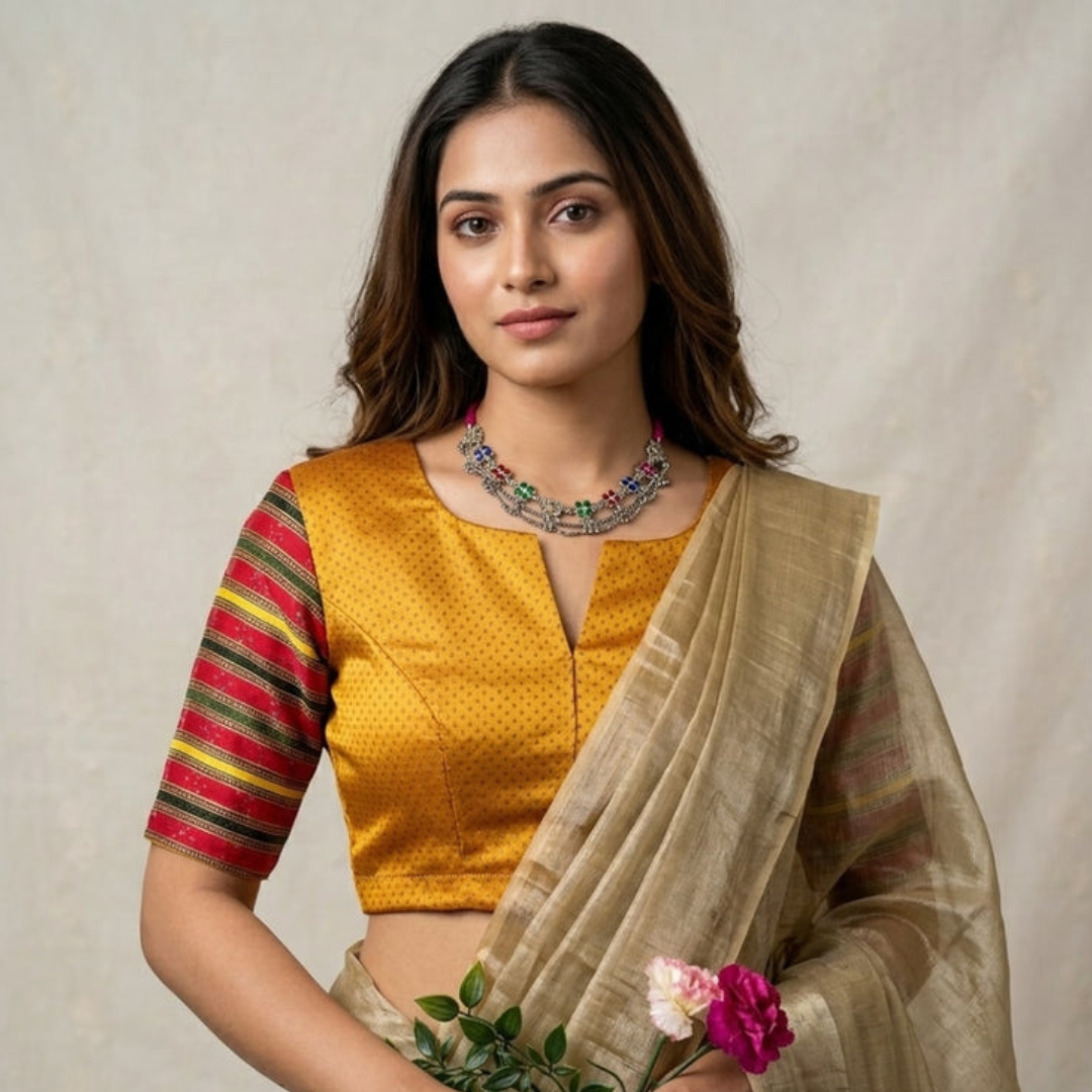 Mustard Dani Gaji Readymade Blouse with Red Multicolored Sleeves