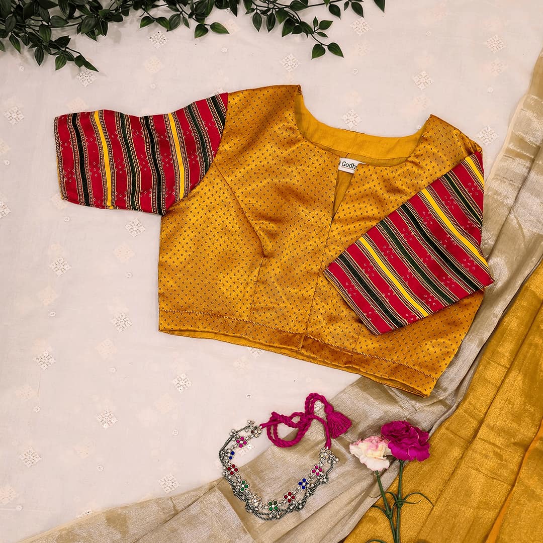 Mustard Dani Gaji Readymade Blouse with Red Multicolored Sleeves