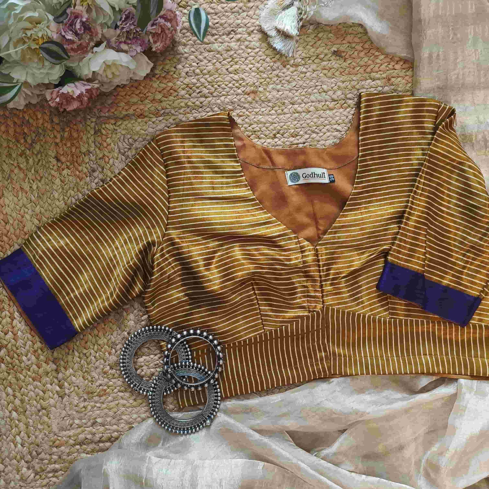 Mustard Gaji Silk Stripes Readymade Blouse