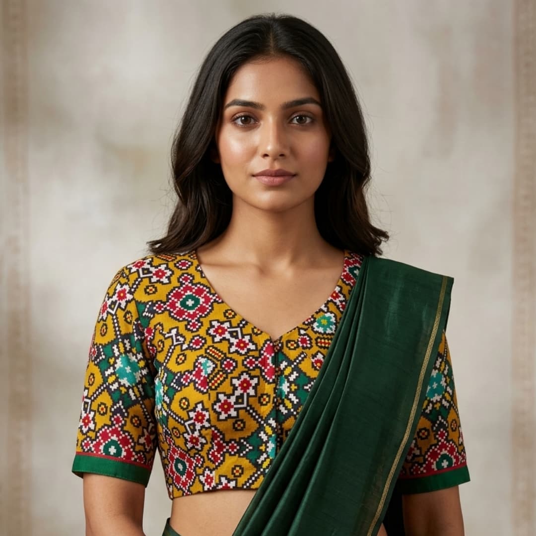 Mustard Yellow Patola print Dola Silk Readymade Blouse | Godhuli