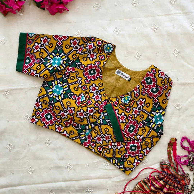 Mustard Yellow Patola print Dola Silk Readymade Blouse | Godhuli