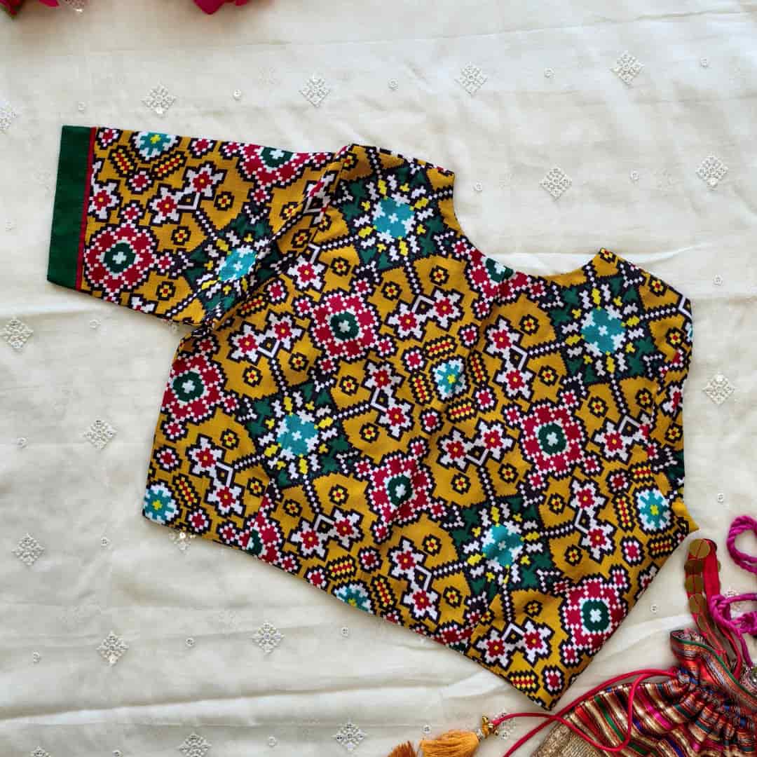 Mustard Yellow Patola print Dola Silk Readymade Blouse | Godhuli 