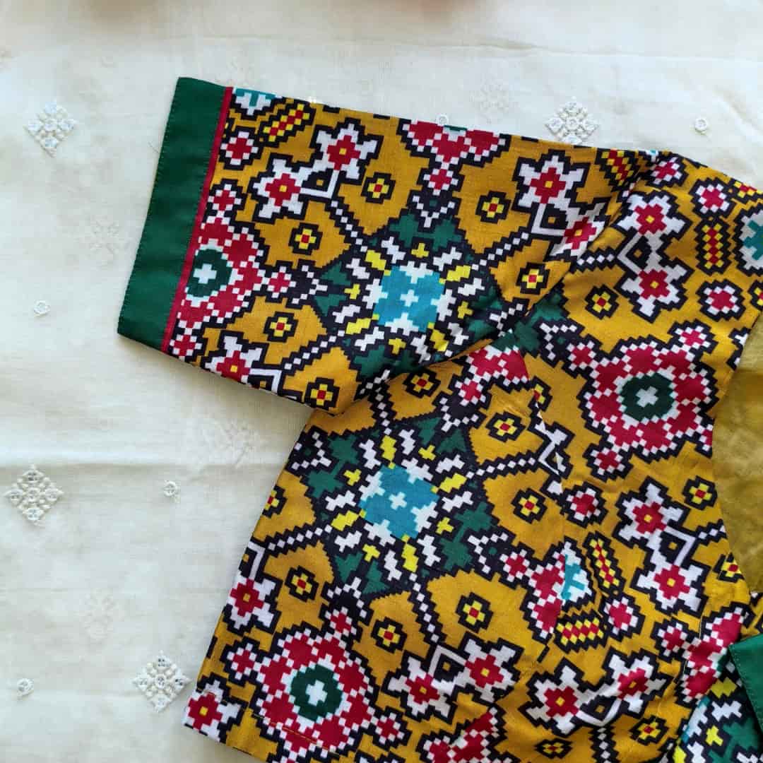 Mustard Yellow Patola print Dola Silk Readymade Blouse | Godhuli 