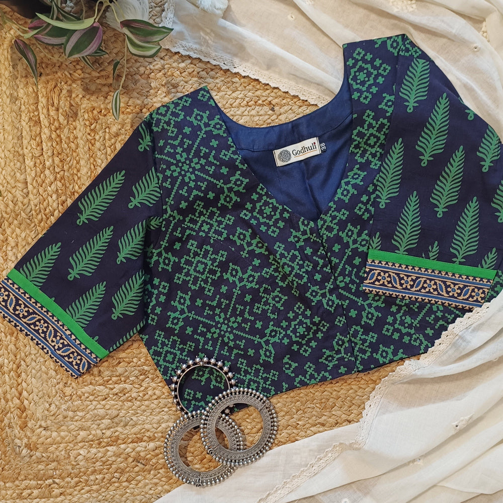 Navy Blue-Green Gamathi Readymade Blouse | Godhuli